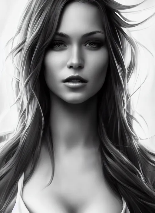 Image similar to full body portrait of a beautiful woman in black and white, photorealistic, hair down to waist, art by diego fazio and diegoKoi and artgerm, concept art, hyper sharp focus, 8k highly detailed