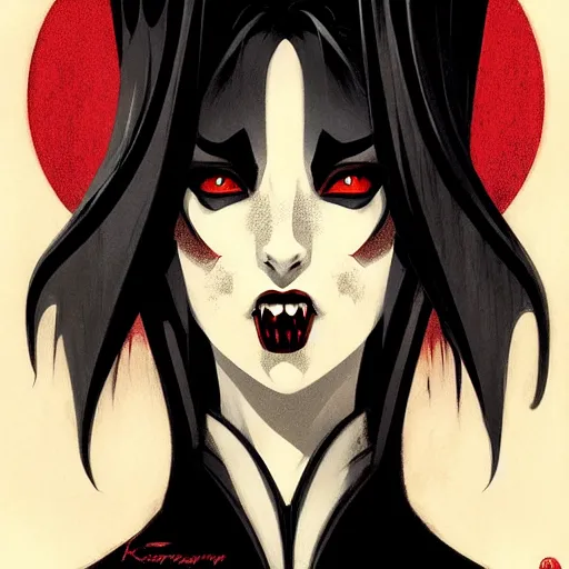 Image similar to beautiful vampire queen with fangs, symmetrical face, evil, portrait, cinematic, dramatic, powerful, super detailed and intricate, by koson ohara, by darwyn cooke, by greg rutkowski, by satoshi kon