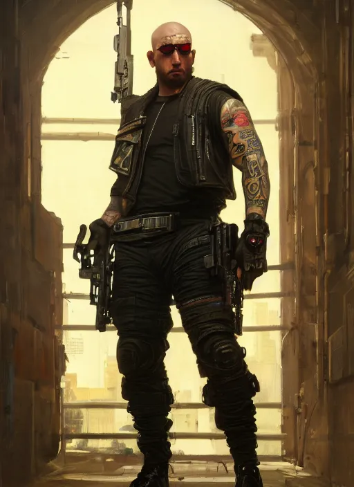 Prompt: big mike. cyberpunk mercenary with tattoos wearing a military vest and combat gear. (Cyberpunk 2077, bladerunner 2049). Iranian orientalist portrait by john william waterhouse and Edwin Longsden Long and Theodore Ralli and Nasreddine Dinet, oil on canvas. Cinematic, hyper realism, realistic proportions, dramatic lighting, high detail 4k