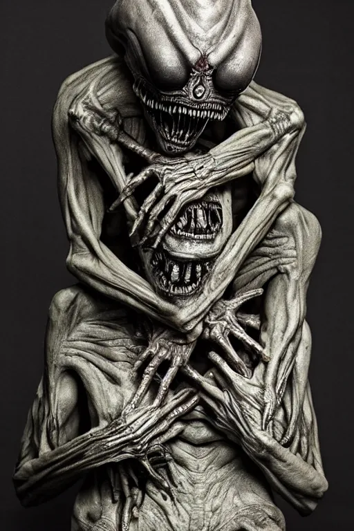 Image similar to giger sculpture of an alien from the movie alien holding a severed human by francisco jose de goya, giger, pixiv, vanitas, chiaroscuro, grotesque, demonic photograph