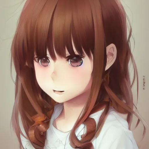 Prompt: An anime portrait of a smiling girl with long straight light reddish-brown hair, brown eyes, wearing a shirt, young child, by Stanley Artgerm Lau, WLOP, Rossdraws, James Jean, Andrei Riabovitchev, Marc Simonetti, and Sakimi chan, trending on artstation