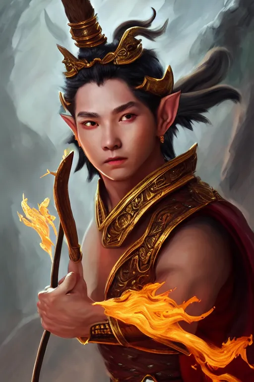 Image similar to a masterpiece portrait of nezha, young elf prince holding spear, flame everywhere, epic pose, fantasy character portrait, closeup shot, hyper detailed, digital painting, 8 k realistic, trending on artstation, sharp focus, dof, by fenghua zhong, artgerm, ne zha from smite, jeff easley, raymond swanland