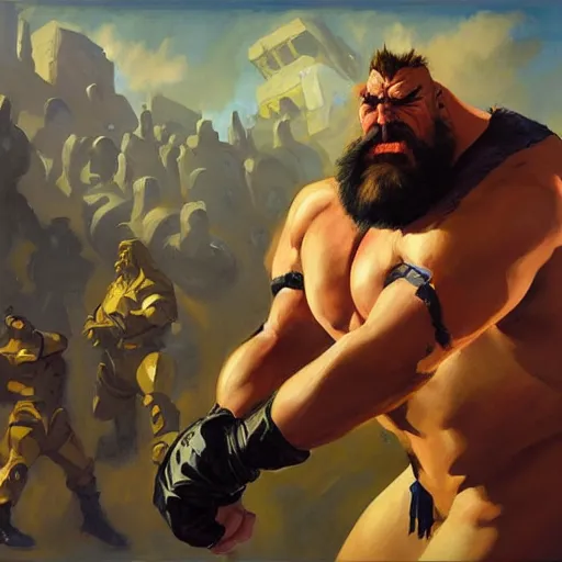 Image similar to greg manchess portrait painting of partially armored zangief from street fighter spitting fire as overwatch character, medium shot, asymmetrical, profile picture, organic painting, sunny day, matte painting, bold shapes, hard edges, street art, trending on artstation, by huang guangjian and gil elvgren and gerald brom