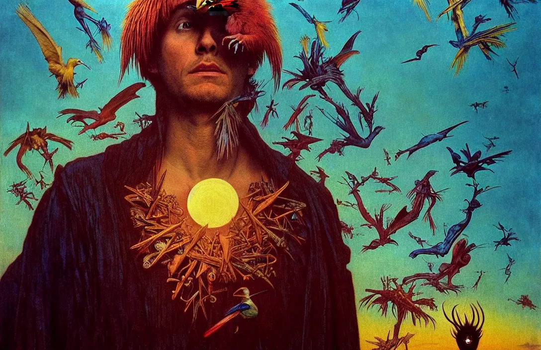 Image similar to realistic detailed portrait movie shot of a birdman wearing dark ragged robes, sci fi city sunset landscape background by denis villeneuve, amano, yves tanguy, alphonse mucha, ernst haeckel, max ernst, roger dean, masterpiece, rich moody colours, bird head, blue eyes