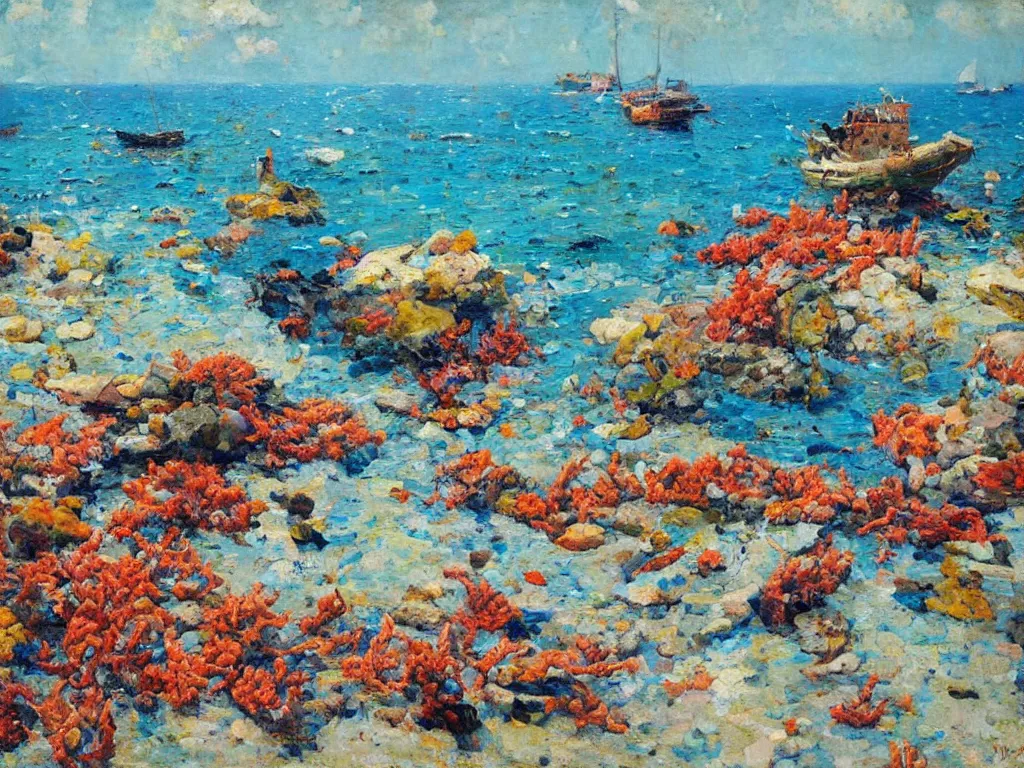 Image similar to sea and corals, denis sarazhin, oil on canvas