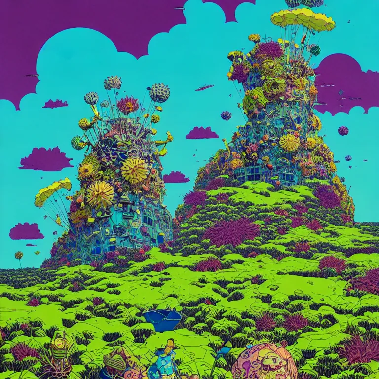 Image similar to island sea cloud surreal art by geof darrow, by jason naylor, very coherent, sharp, colorful high contrast, dark shadows, hard lighting, floralpunk flower green plants garden, inking etching screen print, hd, 8 k hyper detailed, octane render