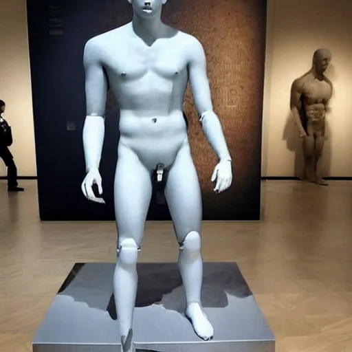 Image similar to “a realistic detailed photo of a guy who is an attractive humanoid who is half robot and half humanoid, who is a male android, actor Liam Hemsworth, shiny skin, posing like a statue, blank stare, at the museum, on display”