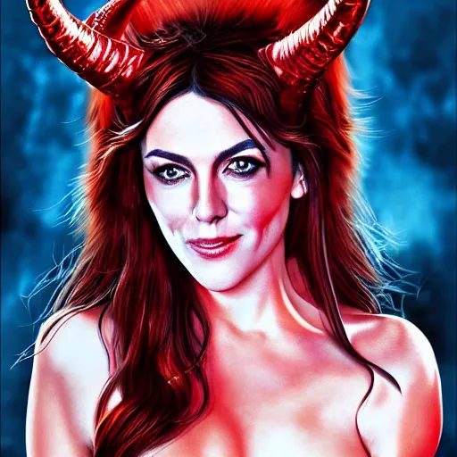 Prompt: illustrated realistic portrait of young Elizabeth Hurley as the Devil with horns wearing red flaming silk by rossdraws