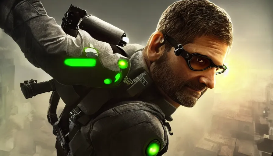 Prompt: steve carell is sam fisher from splinter cell, explosion, light, action, hyperdetailed, artstation, cgsociety, 8 k