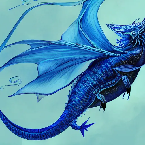 Prompt: blue betta fish dragon flying through water, long elegant fins, art, fantasy, intricate, highly detailed, digital painting, trending on artstation, concept art, smooth, sharp focus, illustration, art by Loish and WLOP
