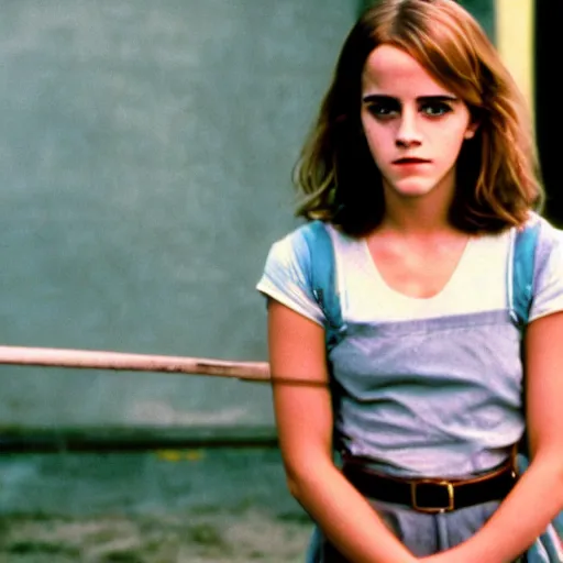 Image similar to photo, emma watson, film still from my daughter is in jail ( 1 9 8 5 ), kodak ektachrome 1 2 0, 2 6 mm,