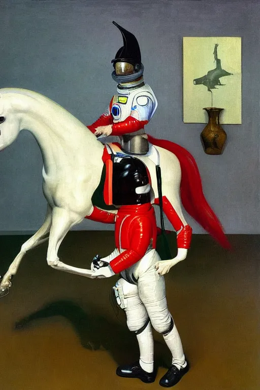 Image similar to a man dressed as a horse riding a horse dressed as an astronaut, hauntingly surreal, highly detailed painting by francis bacon, edward hopper, adrian ghenie, gerhard richter, and james jean soft light 4 k,