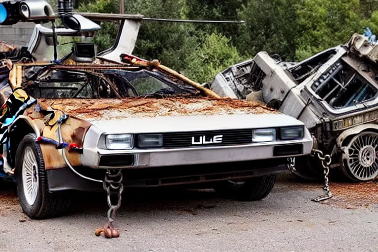 Image similar to rusty, derelict 2 0 2 2 delorean time machine being dragged by a tow truck