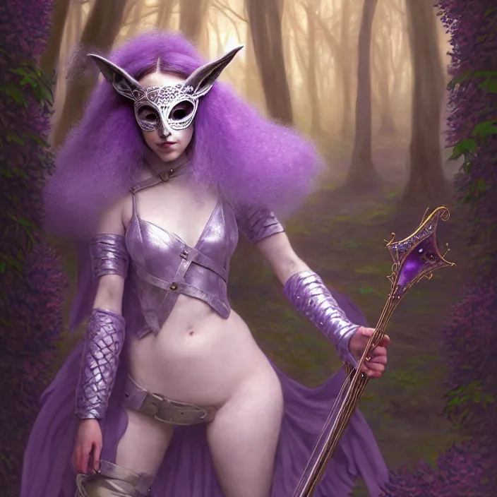 Image similar to masked d & d bard with her lilac leather armor in a forest, volumetric lighting, fantasy, intricate, elegant, highly detailed, lifelike, photorealistic, digital painting, artstation, fox ears illustration, concept art, sharp focus, by john collier and albert aublet and krenz cushart and artem demura and alphonse mucha