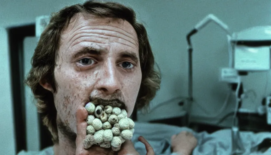 Image similar to 70s movie still of a man with trypophobia deep mouth in hospital, eastmancolor, heavy grain, high quality, higly detailed, liminal space