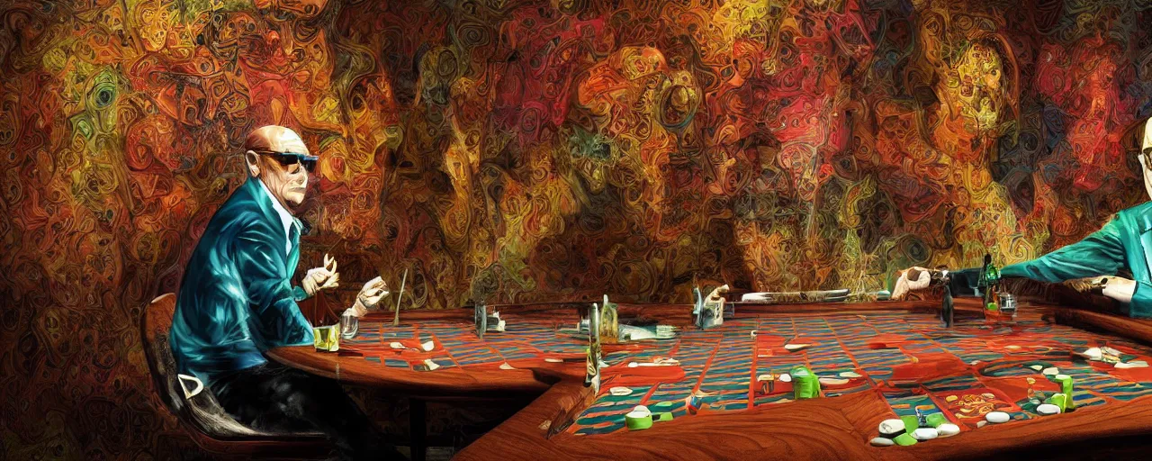 Prompt: hunter s thompson sitting at a 1 9 6 0's poker table in a melting casino with dripping woodtextured walls, by igor morski, by josip csoor, by laurie lipton, rendered in lumion, 8 k resolution, psychedelic lighting, shrooms, muted color scheme, lsd, trending on artstation