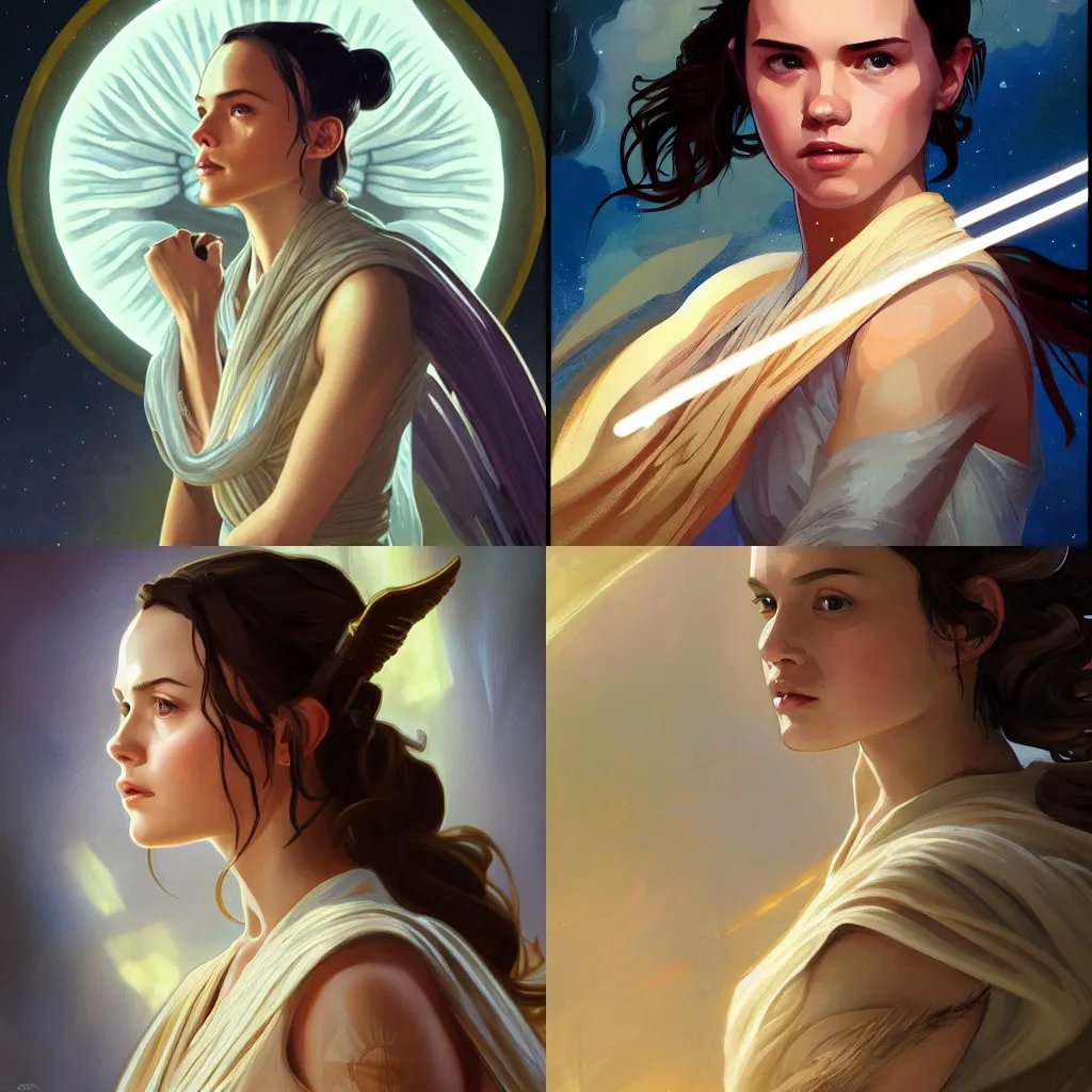 Prompt: rey from star wars as an angel, digital portrait, high quality brushstrokes and ethereal lighting, backlit, beige and gold tones, alphonse mucha, diego fernandez, Janice Sung, artstation, deviantart, pixiv