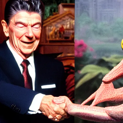 Image similar to cinematic shot of an anthropomorphic frog and ronald reagan shaking hands with each other, 8k, very detailed, very intricate,