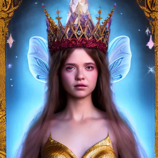 Image similar to hyperrealist cg of a fairy girl emperorit is decorated with long robes that fall like stars and wears a huge crown. fantasy art, photo realistic, dynamic lighting, artstation, poster, volumetric lighting, very detailed faces, 4 k, award winning, blender,