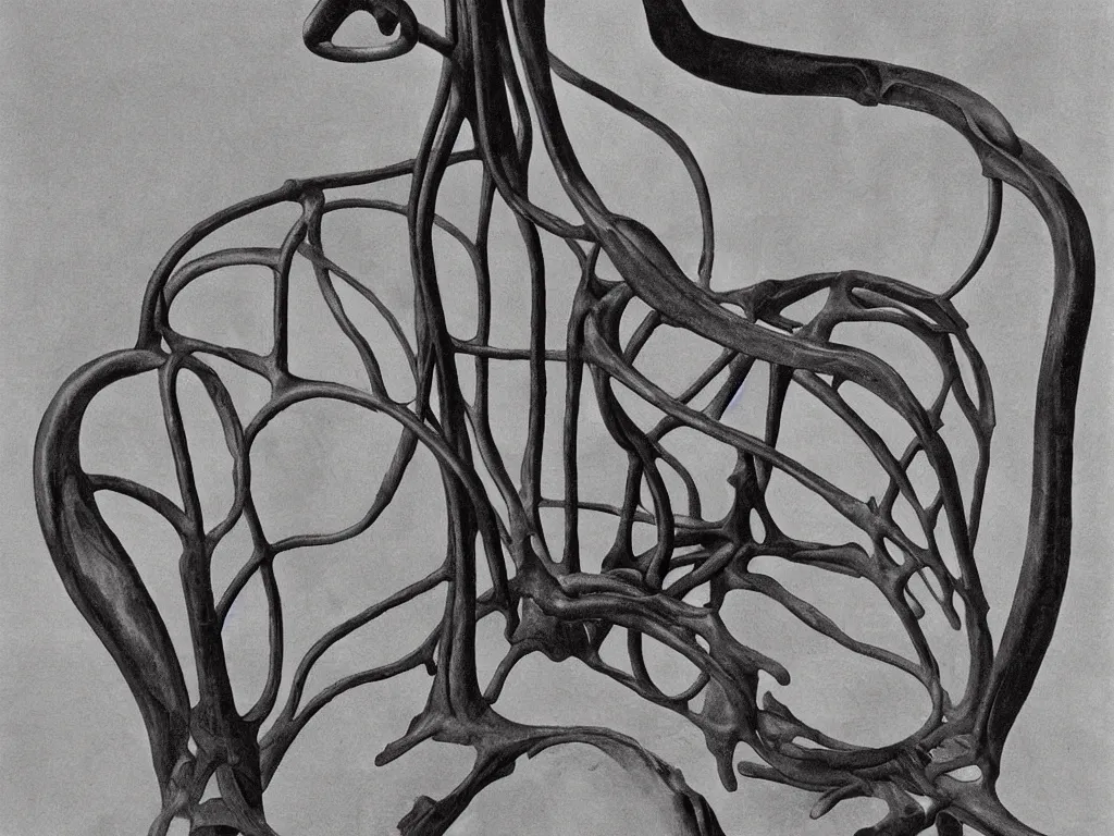 Image similar to gothic chair with human circulatory system, anatomic. painting by karl blossfeldt, salvador dali