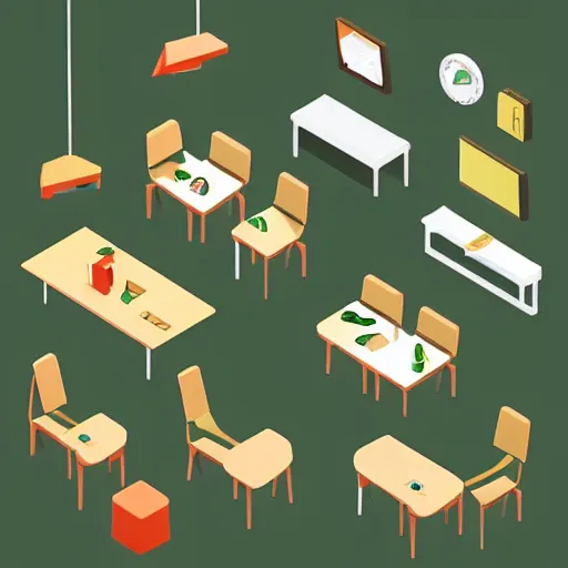 Image similar to isometric cartoon of cannabis leaf cafe with desks and chairs, by benoit mandelbrot, low poly minimal interior design