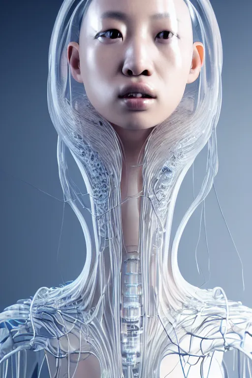 Image similar to young asian woman, iris van herpen, beautiful face, perfect symmetrical body, full body shot, inflateble shapes, wires, tubes, veins, jellyfish, white biomechanical details, wearing epic bionic cyborg implants, masterpiece, intricate, biopunk, vogue, highly detailed, artstation, concept art, cyberpunk, octane render