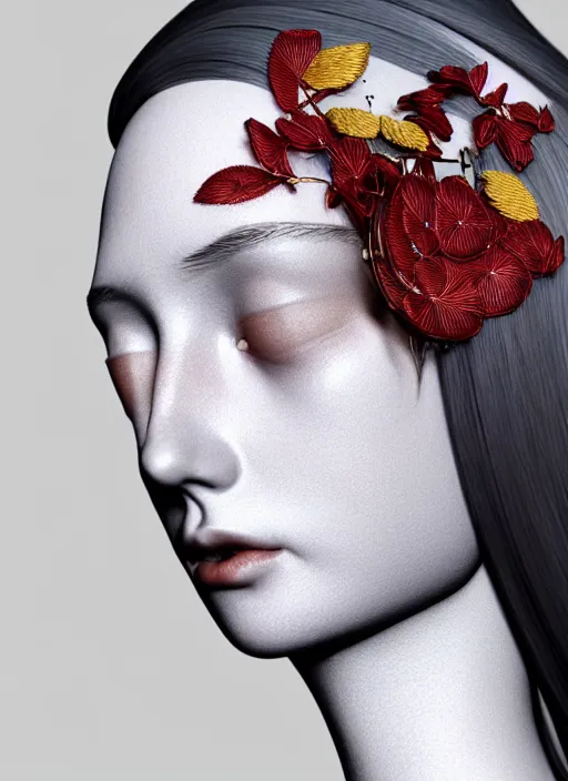 Image similar to complex 3d render ultra detailed of a beautiful porcelain profile young woman face, mechanical cyborg, 200 mm lens, beautiful studio soft light, rim light, silver gold red details, magnolia big leaves and stems, roots, fine foliage lace, mesh wire, Alexander Mcqueen high fashion haute couture, art nouveau fashion embroidered, intricate details, hyper realistic, ultra detailed, mandelbrot fractal, anatomical, facial muscles, cable wires, microchip, elegant, octane render, H.R. Giger style, 8k post-production