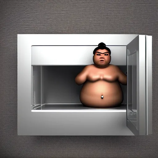 Image similar to 3 d render of a sumo wrestler trapped inside of a microwave