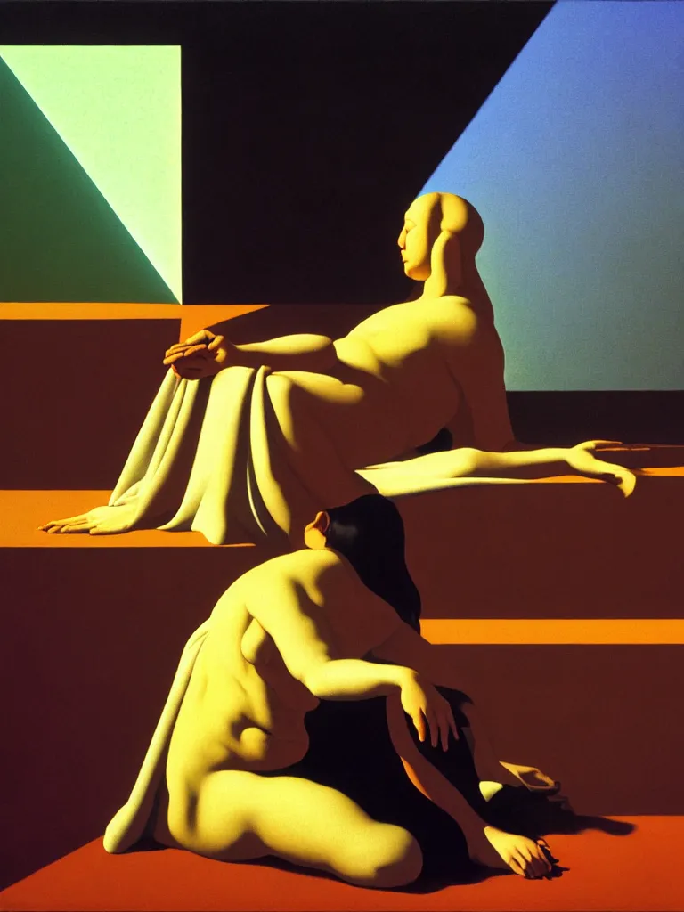 Image similar to hyperrealistic still life wide shot a woman dressed in loose fabric, sitting on the ground relaxing, sacred geometry, light refracting through prisms, by caravaggio, surrealism, vivid colors, serene, golden ratio, rule of thirds, negative space, minimalist composition, by rene magritte and james turrell