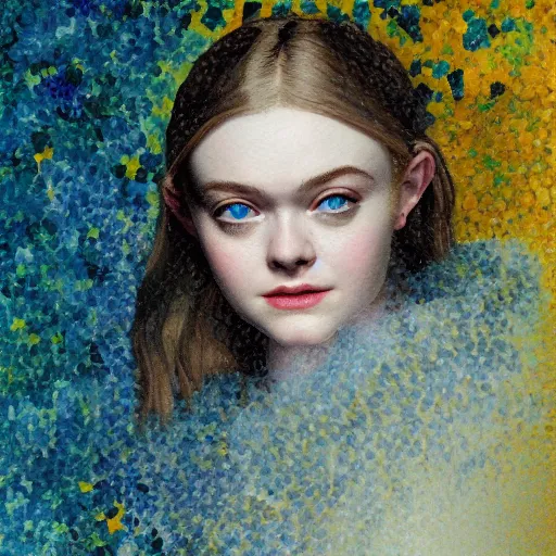 Prompt: professional painting of Elle Fanning in Dark Souls in the style of Henri-Edmond Cross, head and shoulders portrait, symmetrical facial features, smooth, sharp focus, illustration, intricate, stormy weather, extremely detailed masterpiece,