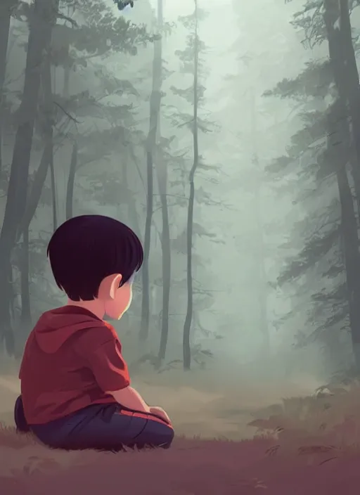 Prompt: a two year old boy sits peacefully in a misty forest. clear detailed face. clean cel shaded vector art. shutterstock. behance hd by lois van baarle, artgerm, helen huang, by makoto shinkai and ilya kuvshinov, rossdraws, illustration, art by ilya kuvshinov