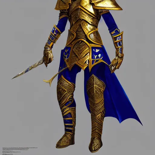 Image similar to concept art of heavy mithiril royal blue and gold elf armor warrior,dungeons and dragons armor, rpg, d&d, hyper detailed, digital art, artstation, high definition cgsociety, 8k, render, cinematic, symmetry, hyper realistic