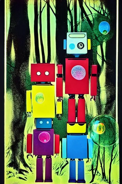 Prompt: ( ( ( ( ( a robot family in the forest garden with soap bubbles, pop art ) ) ) ) ) by andy warhol and bill sienkiewicz!!!!!!!!!!!!!!!!!!!!!!!!!!!!!!