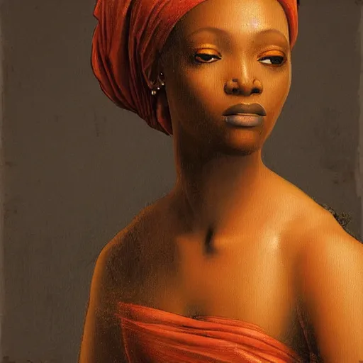 Image similar to a painting of a beautiful African woman by Leonardo da Vinci . dramatic angle, ethereal lights, details, smooth, sharp focus, illustration, realistic, cinematic, artstation, award winning, rgb , unreal engine, octane render, cinematic light, macro, depth of field, blur, red light and clouds from the back, highly detailed epic cinematic concept art CG render made in Maya, Blender and Photoshop, octane render, excellent composition, dynamic dramatic cinematic lighting, aesthetic, very inspirational, arthouse.