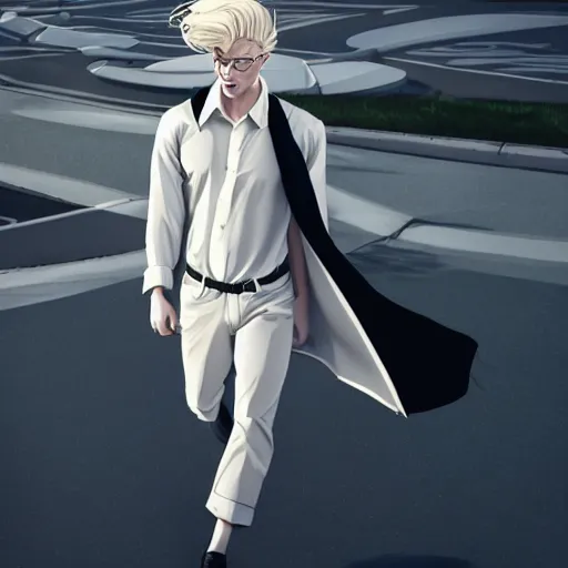 Image similar to portrait of the male model Lucius Bjornsson with beautiful long pale blond hair, albino white pale skin, posing for a photoshoot in the golden hour, white dress shirt and black miniskirt, broad shoulders and huge thick arms, ambient lighting, 4k, anime key visual, lois van baarle, ilya kuvshinov, rossdraws, artstation