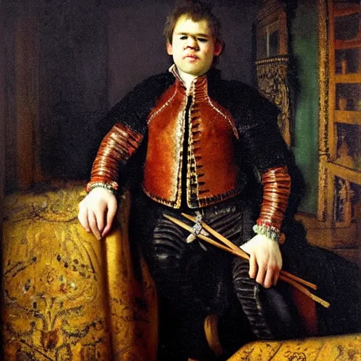 Prompt: King Magnus Carlsen in his castle, hyperrealistic 18th century oil portrait by Rembrandt, award-winning masterpiece