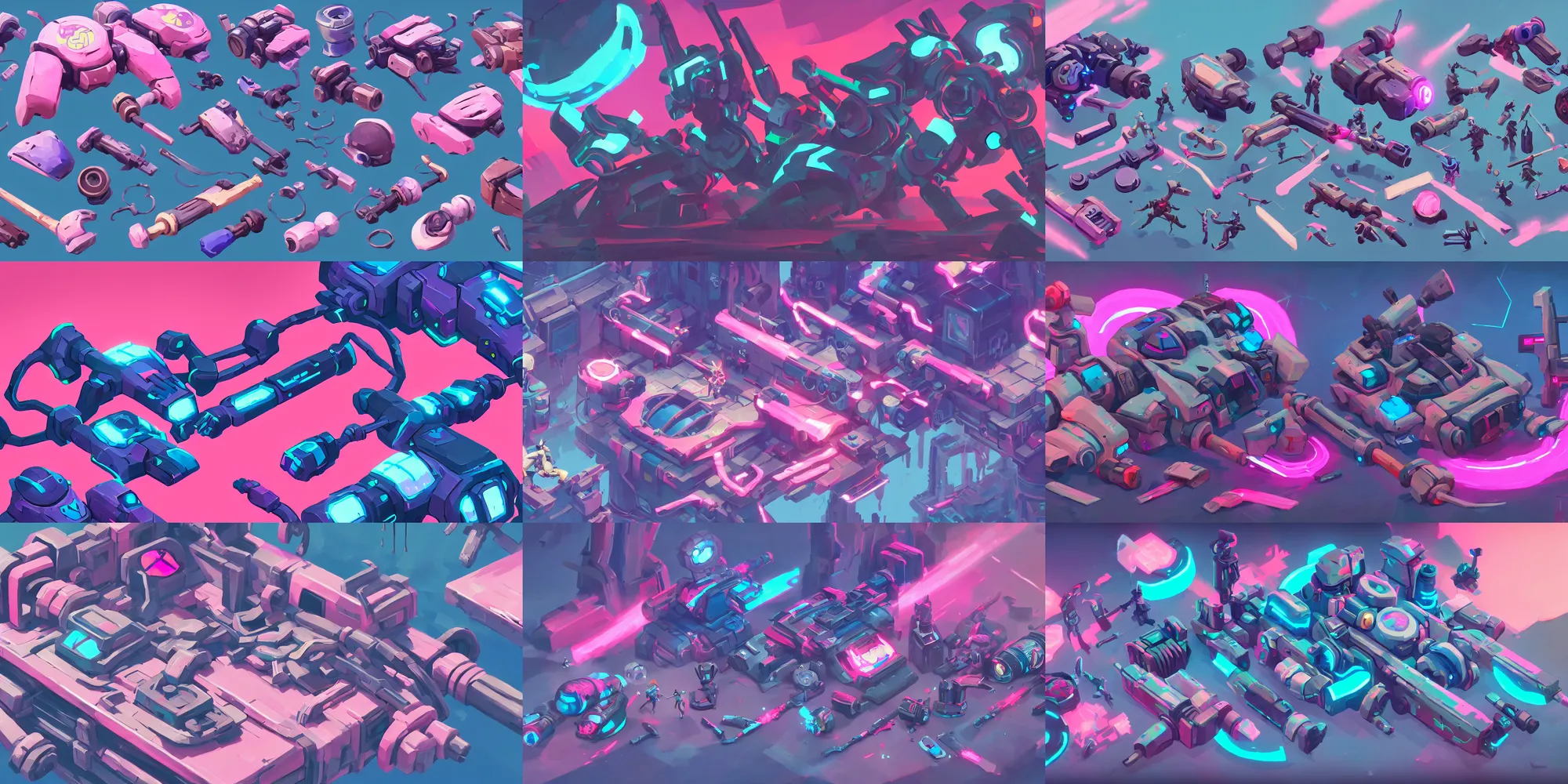 Prompt: game asset of broken electronic gear and devices, in gouache detailed paintings, props, stylized, 2 d sprites, kitbash, arcane, overwatch, blue and pink color scheme, 8 k, close up