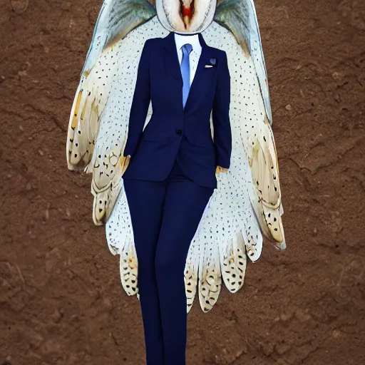 Image similar to barn owl wearing a suit, barn on dresses by emidio tucci, very detailed, album photo, canon shot