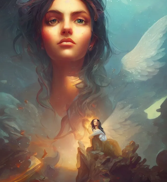 Image similar to centered waist up portrait photography an angel + bokeh + DOF + 8k, photorealistic + rendered in unreal engine + colors and composition by Peter Mohrbacher + line work by Dan Mumford , ultra realistic