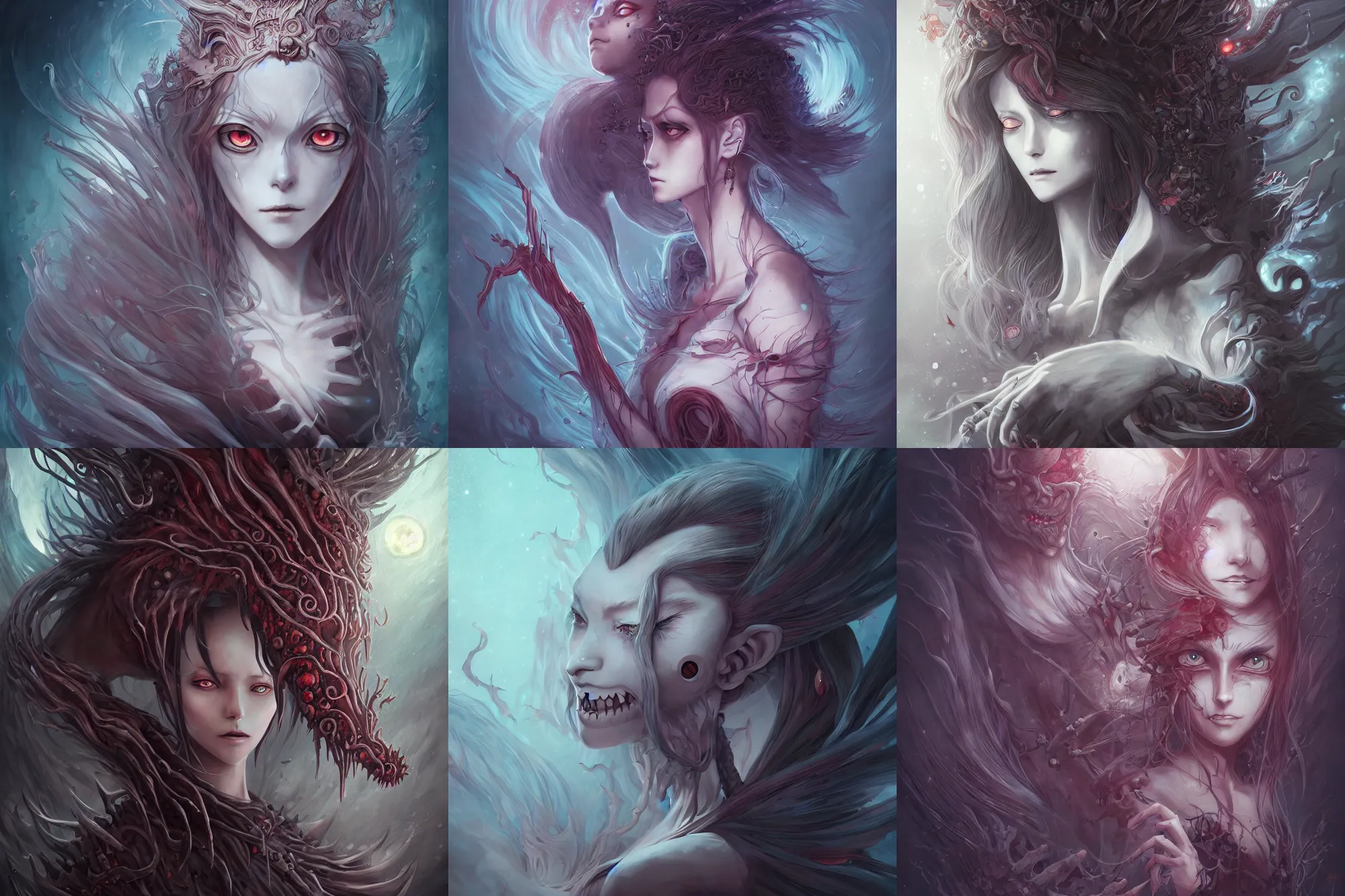 Prompt: detailed, sharp, humanoid female monster of necronomicon by Anna Dittmann and by studio ghibli. digital art. surreal. featured on art station. anime arts. featured on Pixiv, HD, 8K, highly detailed, good lighting
