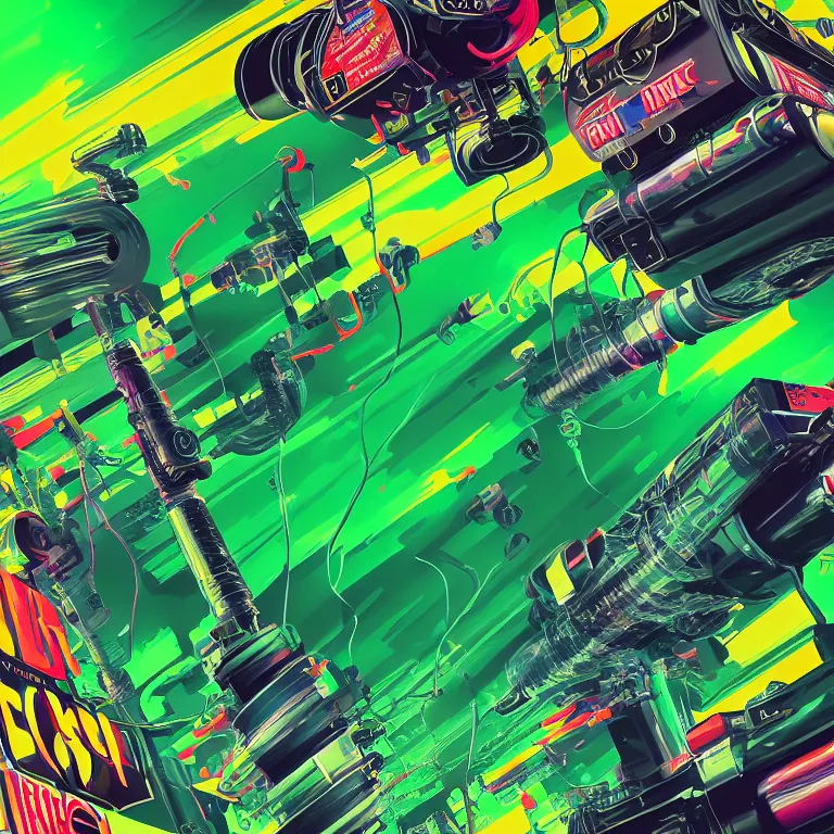 Image similar to hyperdetailed cyber fun 70's poster painting in a color style of 70's black poster art of chemical filled syringe spraying out green chemicals, epic scale ultrawide angle, 3D rendered, Vray rendered, octane render, unreal engine