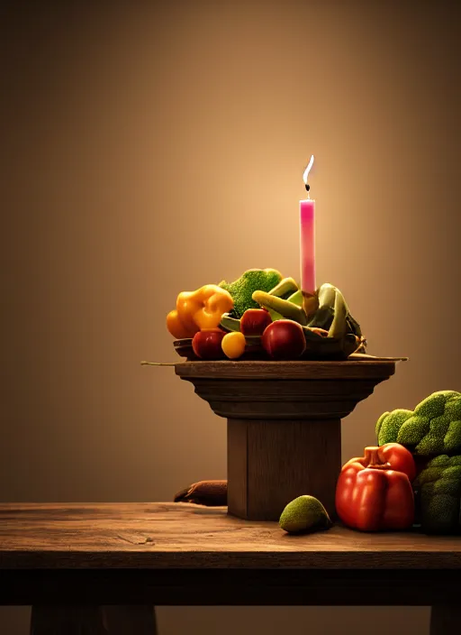 Prompt: a ballerina sitting on top of a wooden table, medieval concept art, cinematic lightning and colors, featured on cg society, photorealism, vray tracing, rendered in unreal engine, photorealistic, vegetables on table and candle, dark lightning, contrast shadows