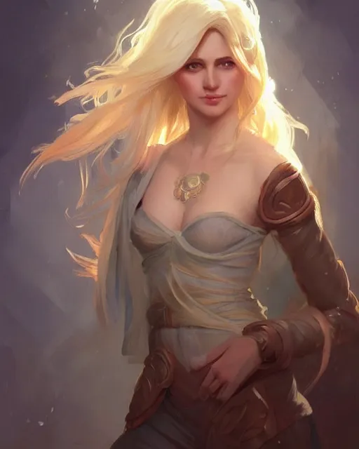 Image similar to '' Portrait of Beautiful blonde Slavic woman in her early 30’s, league of legends, LOL, fantasy, d&d, digital painting, artstation, concept art, sharp focus, illustration, art by greg rutkowski and alphonse mucha ''