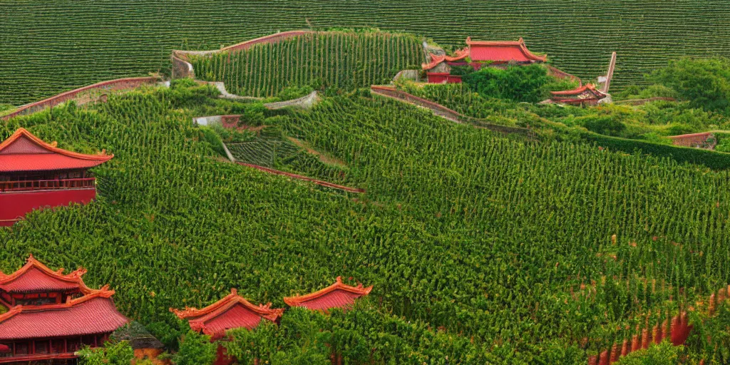 Prompt: A Chinese style winery with red walls and a green roof. The vineyards are sprawling and green, with a river winding through them. In the distance, there are mountains. by zhang zeduan, painting on silk, mi fu, immaculate scale, hyper-realistic, Unreal Engine, Octane Render, digital art, trending on Artstation, 8k, detailed, atmospheric, immaculate