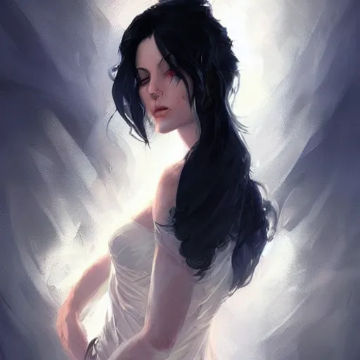 Prompt: Elegant woman with black hair, smoke around her, high detail, concept art background by john harris + andreas rocha, artwork by charlie bowater + artgerm + anato finnstark + ross tran