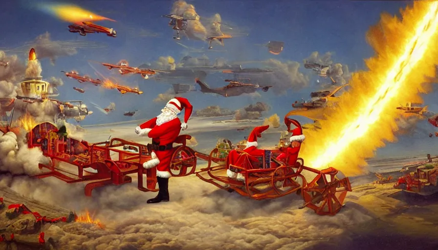 Image similar to santa claus sleigh being shot down by a surface to air missile, fiery explosion, matte painting, hard edges, masterpiece, impressive detail