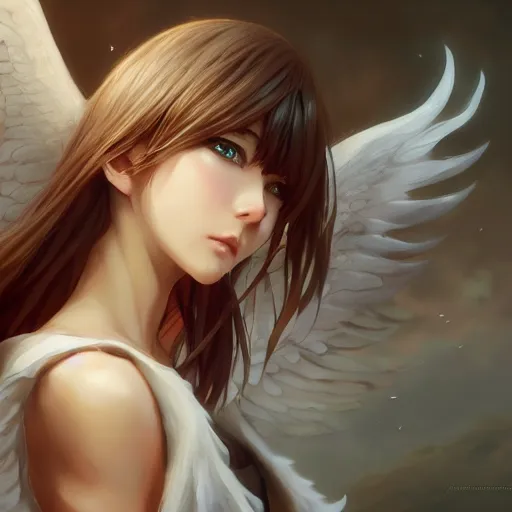 Image similar to an oil painting of a beautiful anime girl with wings, by artgerm and greg rutkowski, hd, hdr, ue 5, ue 6, unreal engine 5, cinematic 4 k wallpaper, 8 k, ultra detailed, high resolution, artstation, award winning