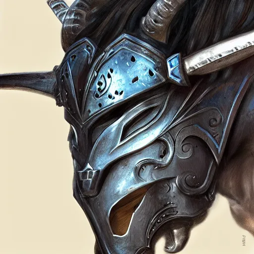 Prompt: close up portrait of a black haired Minotaur in plate armor, concept art, fantasy painting