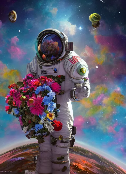 Image similar to An epic fantastic realism comic book style painting of the most beautiful flowers launched into space, bouquets, fisheye lens, unreal 5, DAZ, hyperrealistic, stars in the night sky, octane render, dynamic lighting