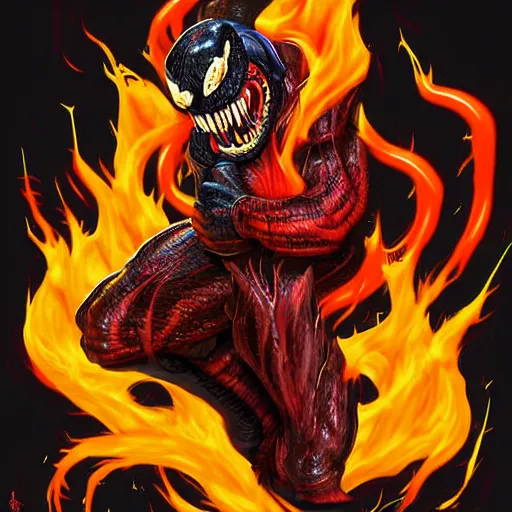 Image similar to Digital art of Venom slam dunking with flames coming from the basket, trending on Artstation